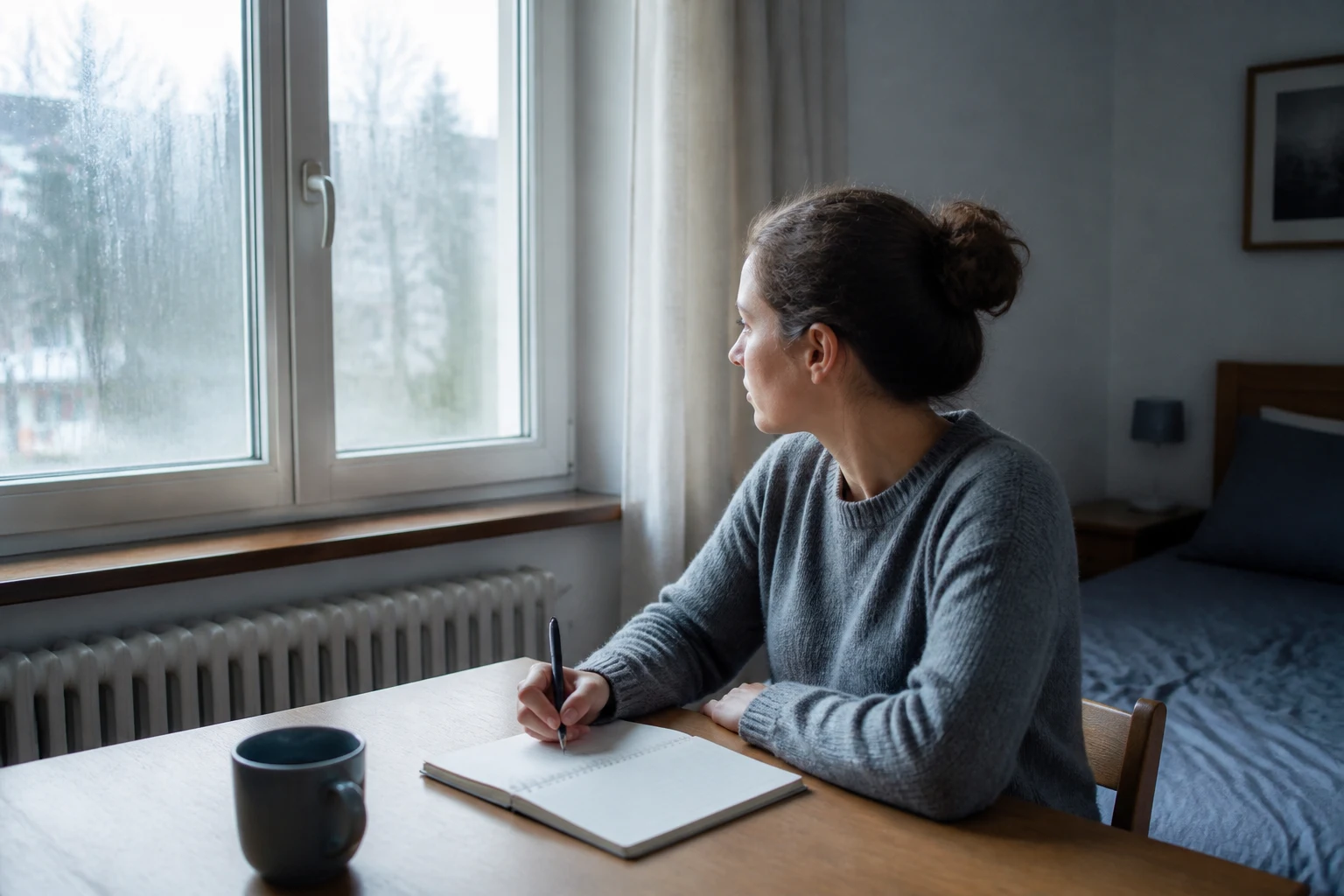 Un carnet de relevé et une fenêtre légèrement embuée dans une chambre en Suisse romande