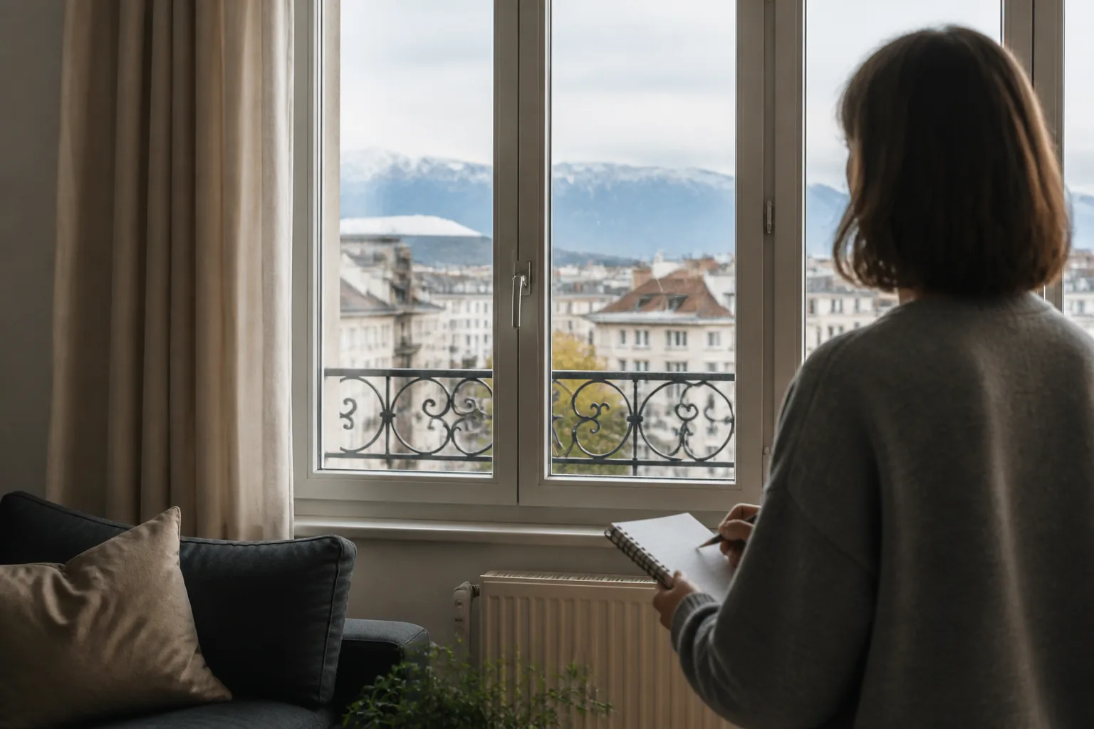Une personne observe à distance une fenêtre fissurée dans un appartement lumineux de Suisse romande, sans toucher le vitrage.