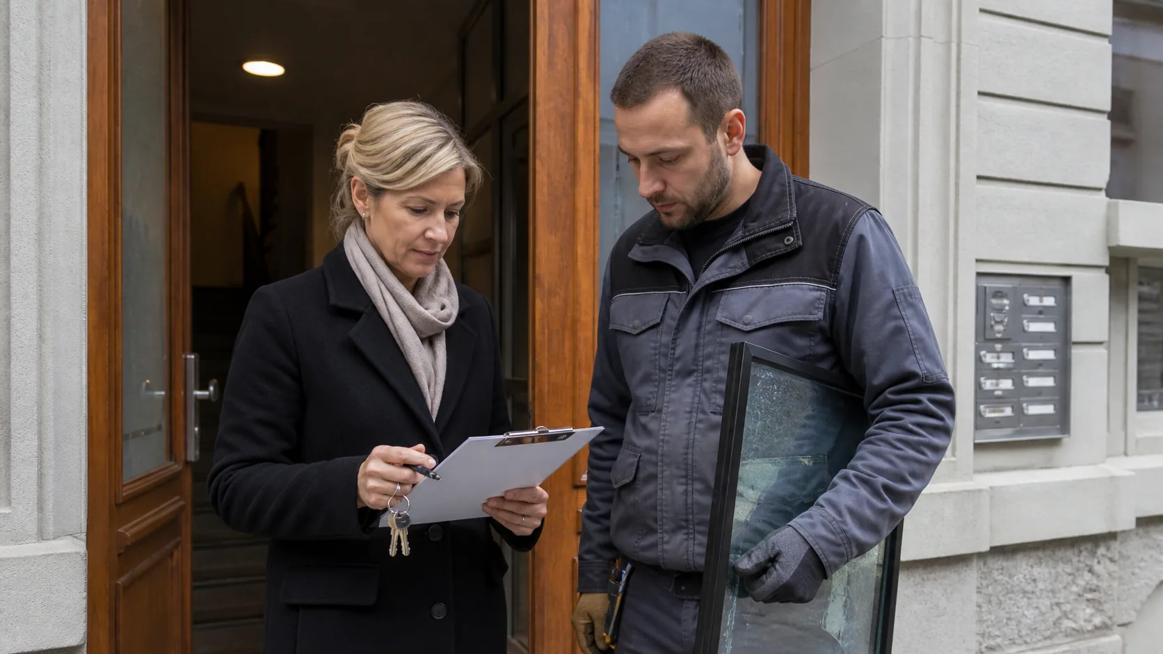 Un professionnel et une occupante échangent sur les accès et les contraintes d’une fenêtre, dans une pièce ordonnée et réaliste.