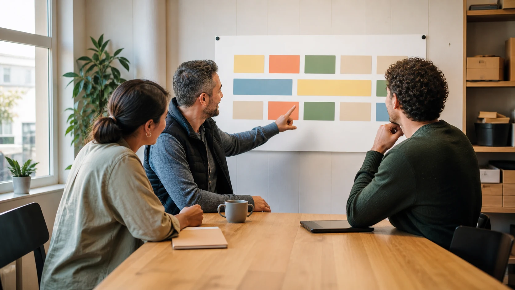 Équipe de commerce échangeant un planning de remplacement de vitrine