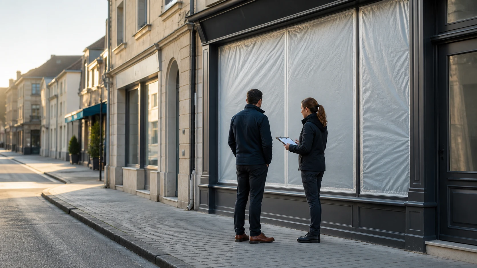 Responsable de commerce et vitrière devant une devanture temporairement protégée en Suisse romande